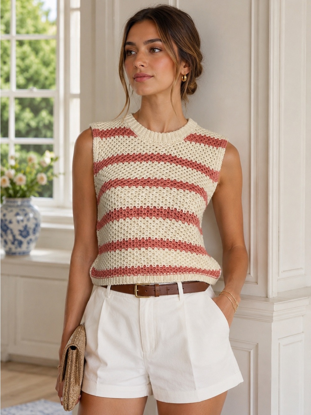 La Miel Striped Open-Knit Sweater Vest in Coastal Coral Beige Small